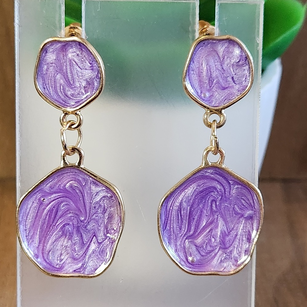 Purple Marbled Enamel Gold Tone Irregular Geometric Drop Statement Earrings 1.75